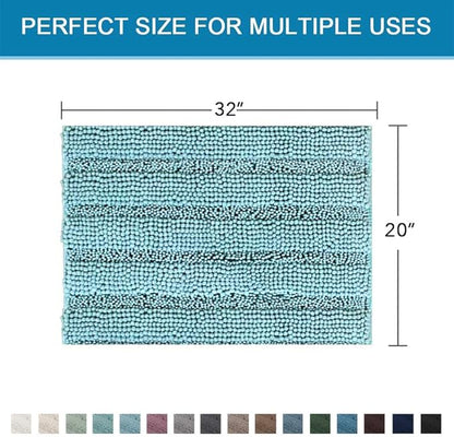 H.VERSAILTEX Bath Rugs for Bathroom Non Slip Bath Mats Extra Thick Chenille Striped Rug 20" x 32" Absorbent Non Skid Fluffy Soft Shaggy Washable Plush Mat for Indoor, Bath Room, Tub - Aqua Haze