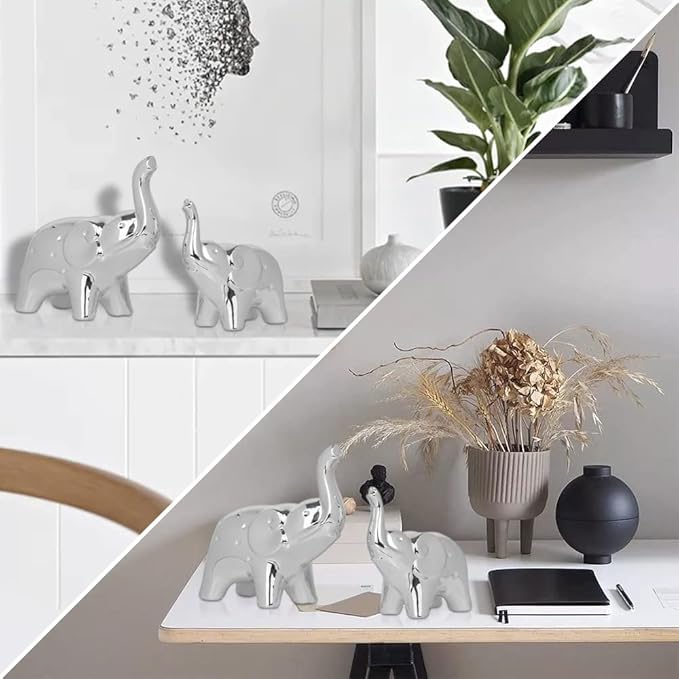 prosfalt A Pair Elephant Statue Home Decor,Modern Style Figurines,Sculpture for Office Desktop Bookshelf Living Room (Ceramics Silver)