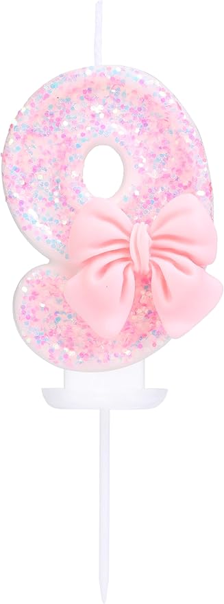 Number 9 Birthday Candle with Pink Sequins and Bowtie, Pink Number 9 Cake Topper Decoration for Girls Pastel Sweet Theme Birthday Party or Adults Milestone Age