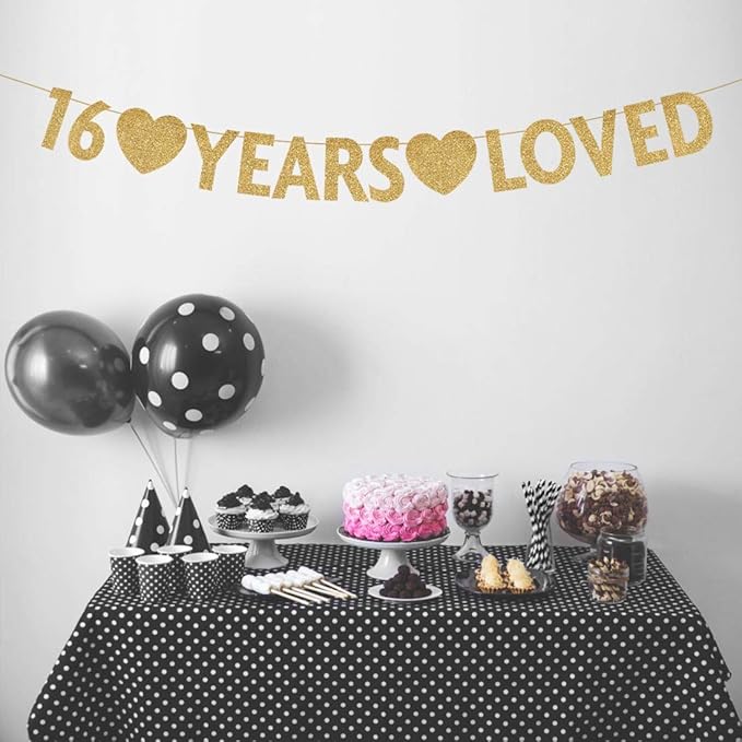 Gold 16 Year Loved Banner, Gold Glitter Happy 16th Birthday Party Decorations, Supplies