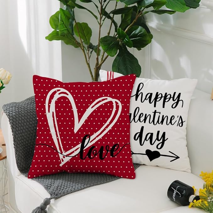 GEEORY Happy Valentine's Day Love Throw Pillow Covers 18x18 Inch Set of 4, Hearts Polka Dots Decorative Farmhouse Wedding Cushion Case for Home Decoration (Red) G662-18