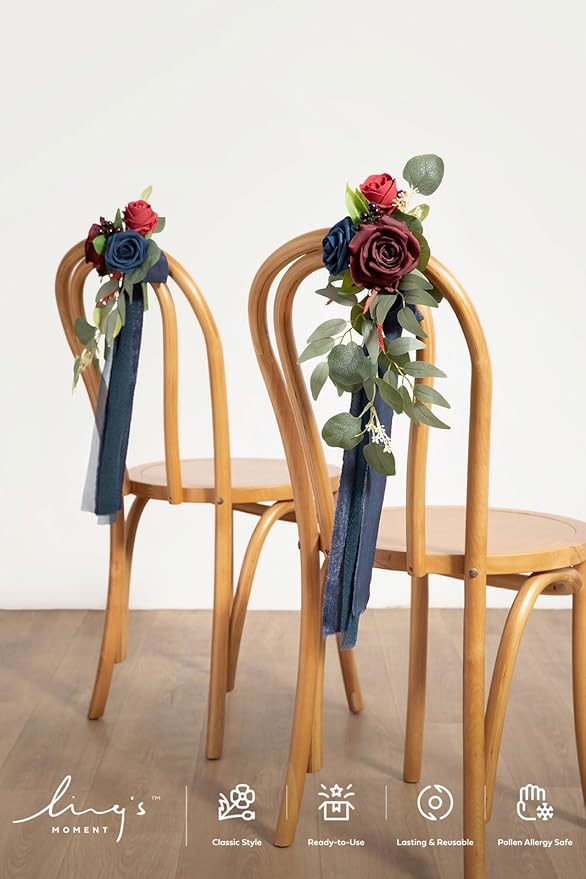 Ling's moment 8pcs Wedding Artificial Aisle Pew Flowers Chair Decorations Arrangements with Chiffon Ribbons Burgundy Navy Blue for Ceremony Chair Back Floral Decor Reception Church Party Outdoor