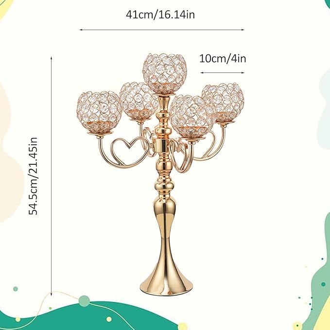 12 Sets Gold 5 Arms Candelabra Centerpiece for Wedding,Metal Crystal Candlestick Holders Chandelier Crystal Beaded Candle Holder for Table Decoration Party Dinner Formal Event