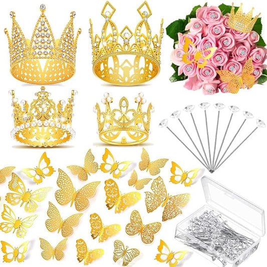 152 Pcs Flower Bouquet Accessories,100 Corsage Bouquet Pins 48 3D Butterfly Wall Decor Bulk and 4 Mini Crown Cake Topper for Festival,Mother's Day,Birthday,Wedding,Party and DIY Crafts.