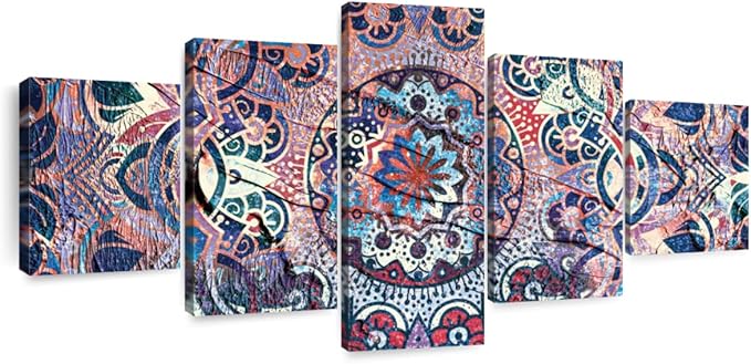 ElephantStock - Mandala Enchantment Wall Art - Horizontal Multi Panel Canvas - 5 Piece Living Room Wall Decor - Digital Art Elements Multi Piece Wall Art - Blue And Beige Decor - 68" x 30"