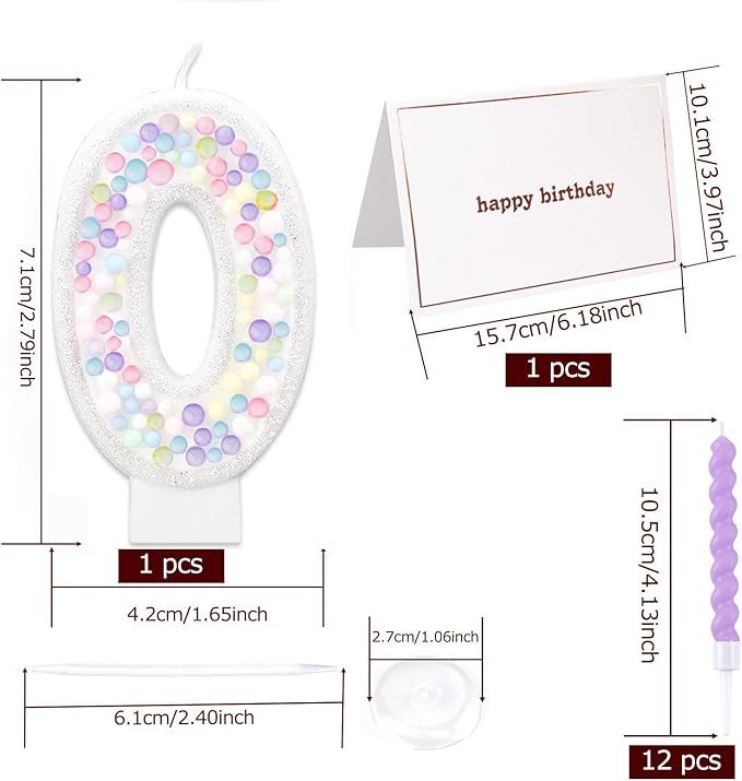 Number Birthday Candle with 12PCS Spiral Candles and A Birthday Card - Perfect for Celebrating Birthdays (Macaron Glitter, Number 0)