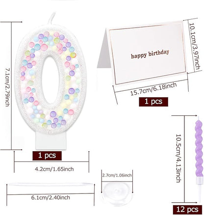 Number Birthday Candle with 12PCS Spiral Candles and A Birthday Card - Perfect for Celebrating Birthdays (Macaron Glitter, Number 0)