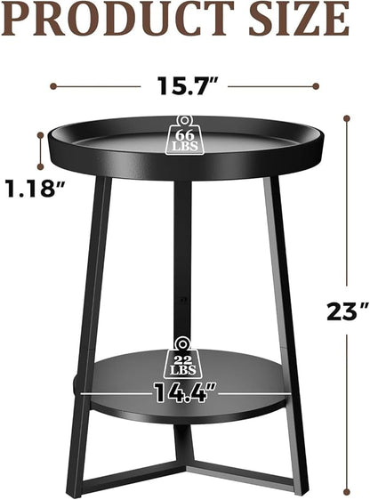 Gadroad Round End Table with Storage Shelf, 2 Tier Farmhouse Side Table Nightstand for Living Room, Bedroom, Wood Tabletop & Black Metal Frame, Black 15.7 * 15.7 * 23.0inches