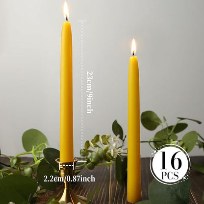 16 Packs Beeswax Taper Candles 9 Inch, All Natural Beeswax Candle Sticks - 10 Hour Burn Time - Smokeless & Dripless Taper Candles for Table Decor, Unscented Bee Wax Tapered Candle