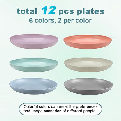12 Pcs Unbreakable Deep Dinner Plates Set, 9 inch Reusable Plastic Wheat Straw Plates, Microwave and Dishwasher Safe Plate for Kitchen, Lightweight Plate for Dessert, BPA Free, 6 Colors