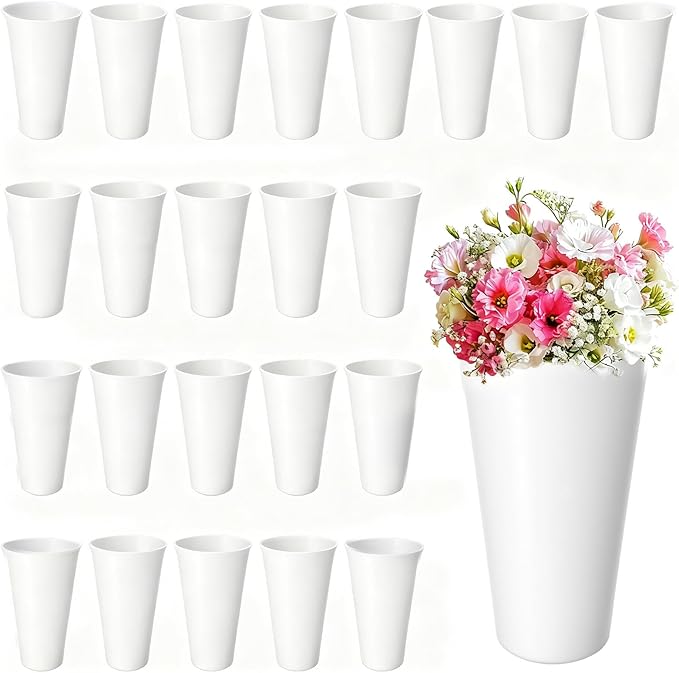 24 Pack Flower Buckets 9.84 Inch Plastic Flower Vases, Decorative Flower Buckets for Flower Bar, Modern Round Vases for Centerpieces Floral Display, Table Home Wedding Decorations (White)