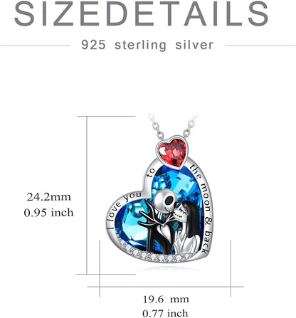 LILALO Christmas Gifts Nightmare Necklace Sterling Silver Abalone Shell Crystal Jack and Sally Necklace Jack Skellington Skull Jewelry Skull Necklaces for Women