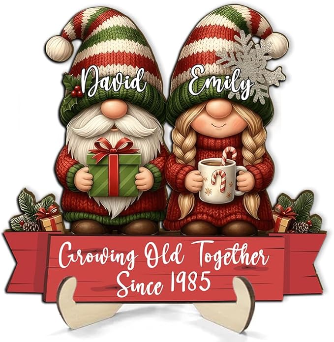 Growing Old Together Gnomes Wooden Plaque, Personalized Gifts for Him Her Husband Wife, Custom Wood Sign Anniversary Couples Gift, Christmas Gift For Parents, Grandparents Decorations Sign 25