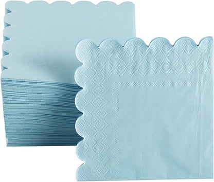 200 Pack Cocktail Napkin 2-Ply Scalloped Edged Dessert Napkins Folded 5 x 5 Inches Disposable Napkins for Dinner Wedding Birthday Party Bridal Anniversary Reception Event (Light Blue)