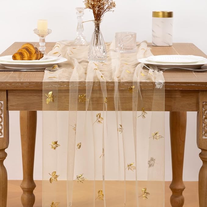 Maple Gold Table Runner for Thanksgiving - Sheer Gauze Cheesecloth 120 Inch with Glitter Harvest Table Decor for Family Feasts Dining Room Home Celebration - Beige