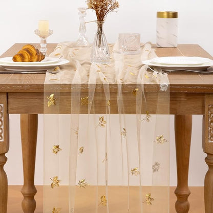 Maple Gold Table Runner for Thanksgiving - Sheer Gauze Cheesecloth 120 Inch with Glitter Harvest Table Decor for Family Feasts Dining Room Home Celebration - Beige
