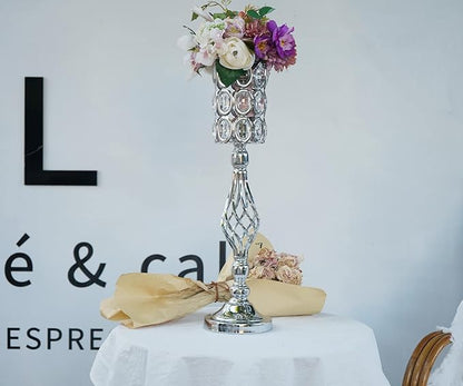 24in Metal Diamond Crystal Wedding Centerpiece Vases for Tables Set of 2, Silver Versatile Tall Flower Holders Centerpiece Flower Stands for Wedding Party Reception Home Décor