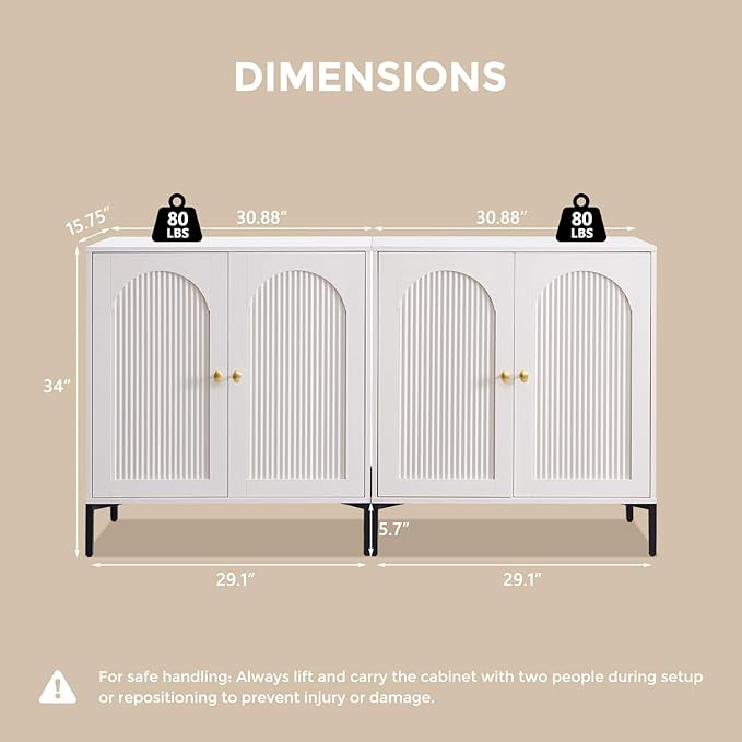 Modern Buffet Cabinet with Storage, 61.75" W Fluted Arched Sideboard Cabinet w/Adjustable Shelves, Wooden Modular Coffee Bar for Dining Room, Kitchen, Living Room, Entryway, White