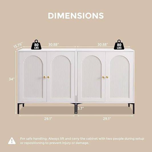 Modern Buffet Cabinet with Storage, 61.75" W Fluted Arched Sideboard Cabinet w/Adjustable Shelves, Wooden Modular Coffee Bar for Dining Room, Kitchen, Living Room, Entryway, White