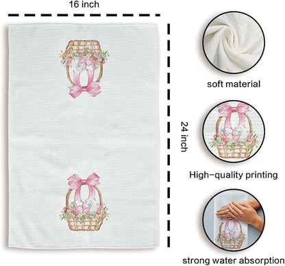 Coquette Pink Bow Easter Kitchen Towels Set of 2, Easter Eggs Decor Hand Towels, PinkEaster Dish Towels Dishcloths Tea Towels for Kitchen, EasterKitchen Bathroom Decor, 16x24 Inch