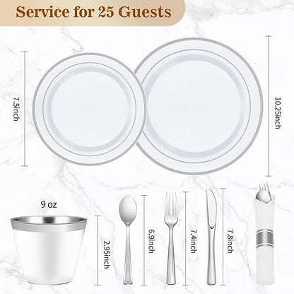 BESTVIP 175PCS Silver Plastic Dinnerware Set, Disposable Party Plates for 25 Guests, Include: 50 Plastic Plates, 25 Pre Rolled Napkins with Silver Silverware, 25 Cups for Christmas, Halloween
