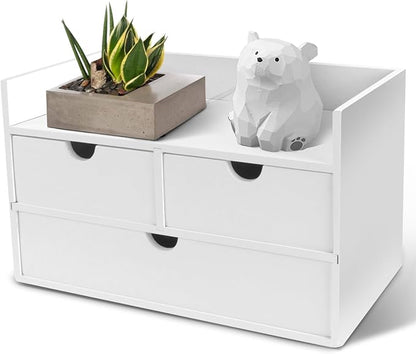 Bamboo Desk Organizer 3 Drawer with Shelf, Countertop Organizer with Drawers Makeup Storage Drawer 3 Drawers Tabletop Storage Organization Box Home Office Workspace（White）
