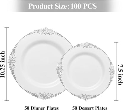 100 PCS White and Silver Plastic Plates for 50 Guests, Rose Gold Disposable Plates Include 50 PCS Dinner Plates, 50 PCS Dessert Plates for Party, Wedding and Baby Shower
