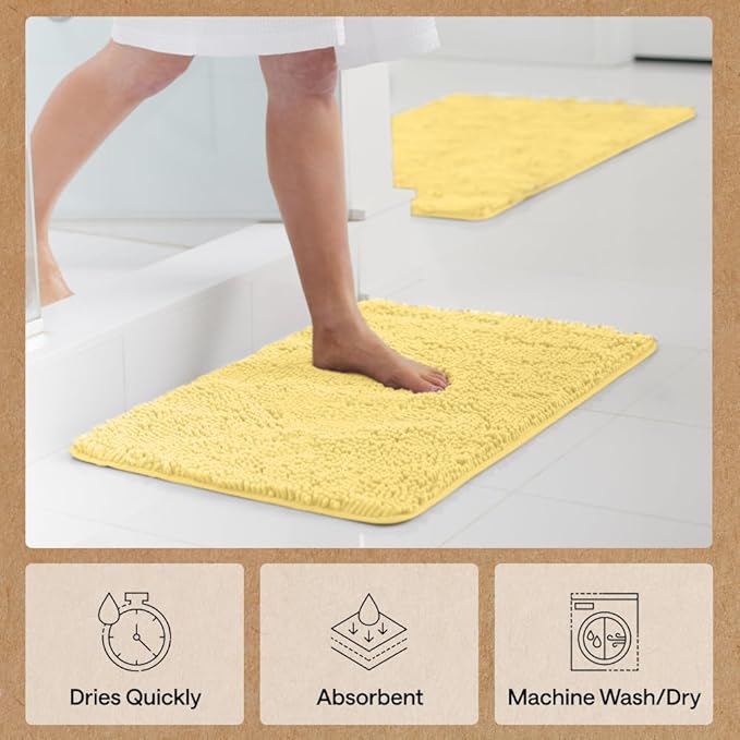 GORILLA GRIP Bath Rug Mat 44x26, Thick Soft Absorbent Chenille, Quick Dry Microfiber Mats, Rubber Backing Washable Shower Floor Rugs, Bathmat Runner, US Designed Bathroom Home Decor Accessories Yellow