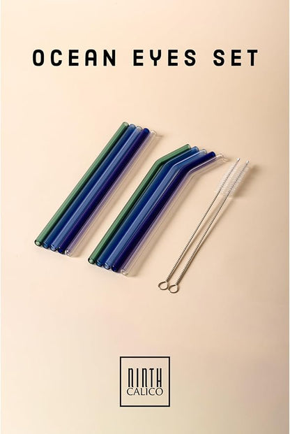 10 Pcs Reusable Glass Drinking Straws, Colorful and Durable Glass Straws for Beverages, Smoothies, Iced Coffee, Juice, Set of 10-5 Straight, 5 Bent, 2 Cleaning Brushes (Ocean Eyes Set)