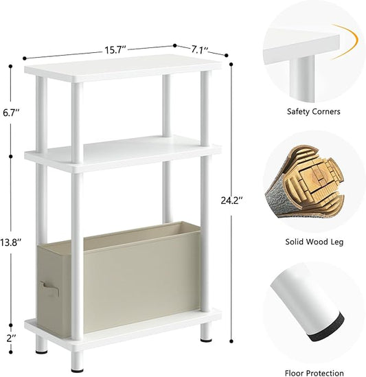 Apicizon Small Narrow Side Table, 3-Tier Skinny End Table with Fabric Basket, Slim Nightstand Bedside Table for Small Spaces, Living Room, Bderoom, White