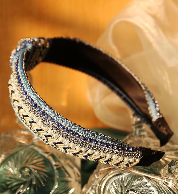 Women's Boho Knotted Sequin Pearls Headbands for Women Non Slip, Girls Top Knot Sparkly Wide Hair Accessories Christmas Gift (Boho Blue Knot)