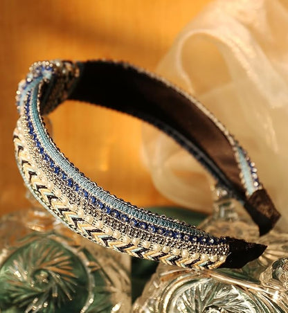 Women's Boho Knotted Sequin Pearls Headbands for Women Non Slip, Girls Top Knot Sparkly Wide Hair Accessories Christmas Gift (Boho Blue Knot)