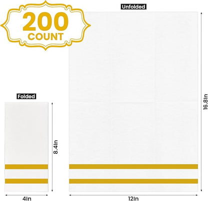 200 Pack Napkins Disposable Guest Towels Linen-Feel Decorative Napkins Soft and Absorbent Dinner Paper Hand Towels for Bathroom Party Powder Room Hotel Fancy Restaurant (200, Gold Line)