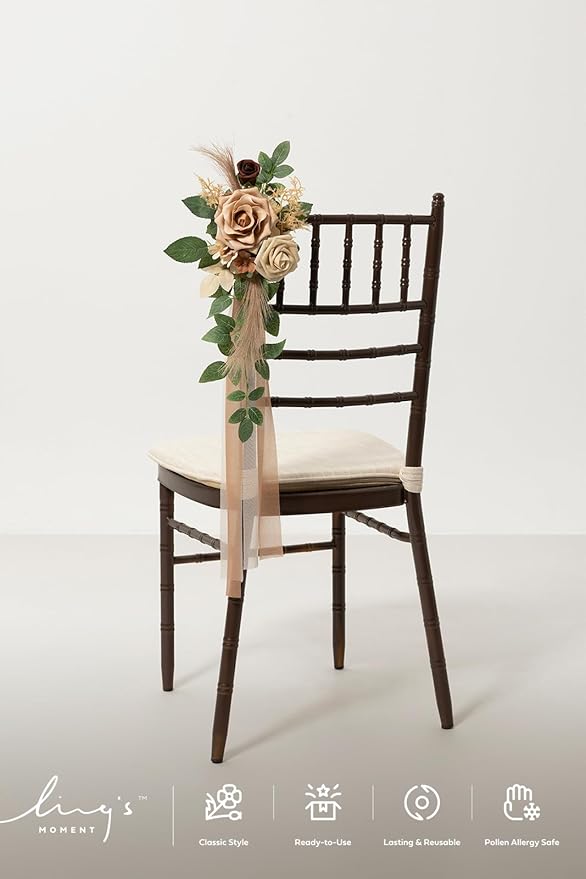 Ling's moment 8 Wedding Artificial Aisle Pew Flowers Chair Decorations Arrangements with Chiffon Ribbons Begie for Ceremony Reception Chair Back Floral Decor Reception Church Party Outdoor