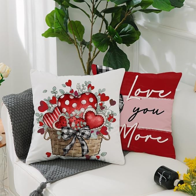 GEEORY Valentine's Day Love You More Home Sweet Home Throw Pillow Covers 18x18 Inch Set of 4, Eucalyptus Hearts Truck Stripes Decorative Farmhouse Wedding Cushion Case for Home Decoration G653-18