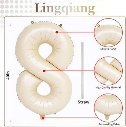 40 Inch Cream Foil Balloon Number 8, Giant Self Inflating Beige Number Balloons 0-9 for Men Women, White Sand 8 Helium Balloons Set for Girls Boys 8th Birthday Anniversary Party Decorations Supplies