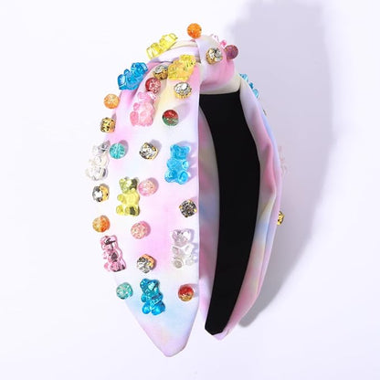 ZITULRY Knotted Headband for Women Crystal Gummy Bear Jeweled Embellished Top Knot Headbands Fashion Statement Wide Turban Hairband Funny Gifts for Girls Sister Birthday Holiday Party