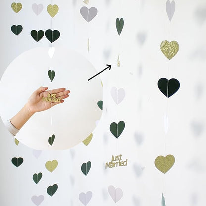 Sage Green Just Married Wedding Party Decorations Gold/Green/White Heart Just Married Garland and Balloons for Wedding Bridal Shower Party