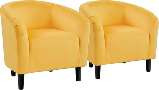 Yaheetech Barrel Chairs, Velvet Accent Chairs with Soft Padded Armrest for Living Room Bedroom Waiting Room Office, Set of 2, Yellow