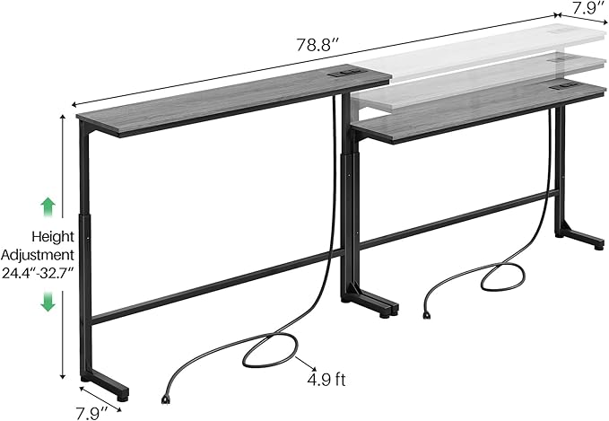 Kitstorack 2-Pack Dark Gray Console Table, 7.9" Deep Panel, Adjustable Height (25"-33") & with 2 Power Outlets, Behind Sofa Couch Table, Use Together or Separately, 79" L
