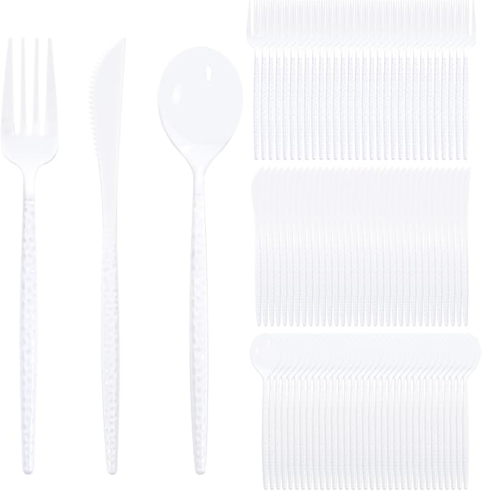 Supernal 360Pcs White Plastic Silverware, Hard Plastic Cutlery Heavy Duty Hammered Durable Utensils,White Silverware Set Include 120 Plastic Forks and Spoons,120 Knives Suitable for Wedding & Party
