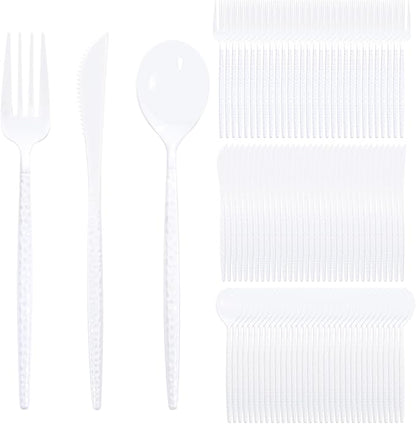 Supernal 360Pcs White Plastic Silverware, Hard Plastic Cutlery Heavy Duty Hammered Durable Utensils,White Silverware Set Include 120 Plastic Forks and Spoons,120 Knives Suitable for Wedding & Party