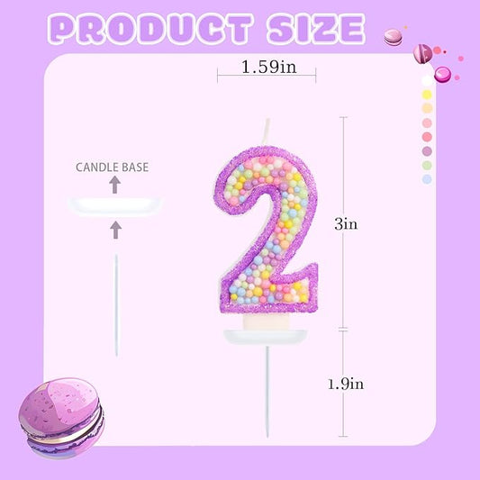 Birthday Candles - Number 2 Candle, Colorful Macaron Candles for Boys/Girls, Purple Party Decorations, Purple Cake Decorations