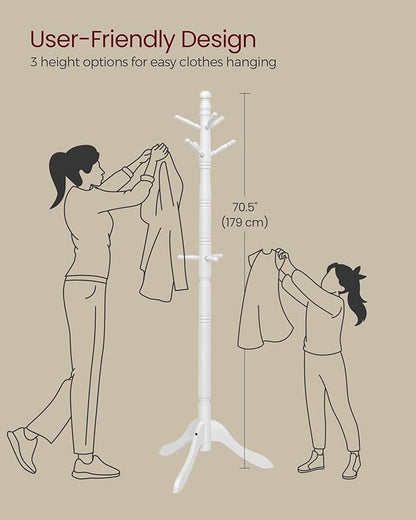 VASAGLE Solid Wood Coat Rack and Stand, Free Standing Hall Coat Tree with 10 Hooks for Hats, Bags, Purses, for Entryway, Hallway, Rubberwood, Cloud White URCR03WT
