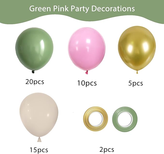 Pink and Green Balloons Sage Green Pink Metallic Gold Balloons Latex Balloon for Party Decorations Adult-oriented Parties as Weddings Celebrations Business Events and Family Gatherings.