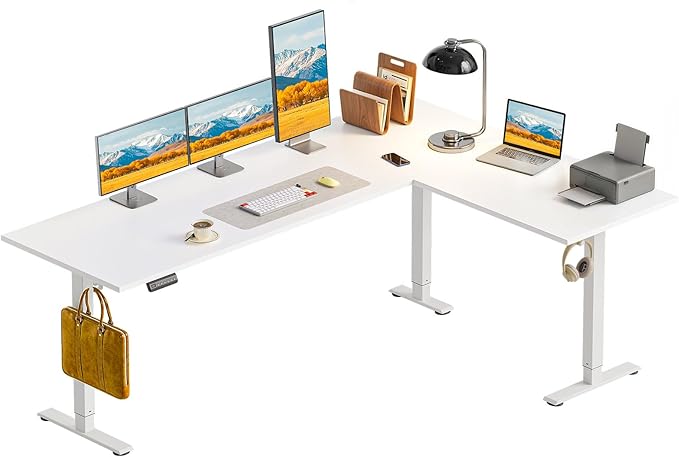 OffiGo 71 Inch Reversible L Shaped Electric Standing Desk, Height Adjustable Corner Stand up Desk, Ergonomic Large Lift Computer Table for Home, Office, Workstation, White