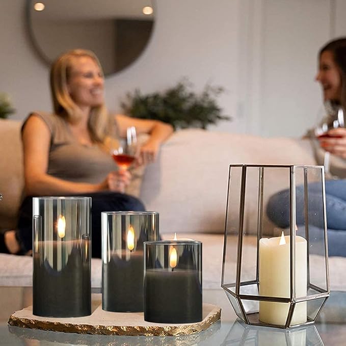 GenSwin Glass Flameless Candles with Remote Battery Operated Flickering LED Pillar Candles Real Wax 3D Wick for Wedding Festival Home Decoration(Gray,Pack of 3)