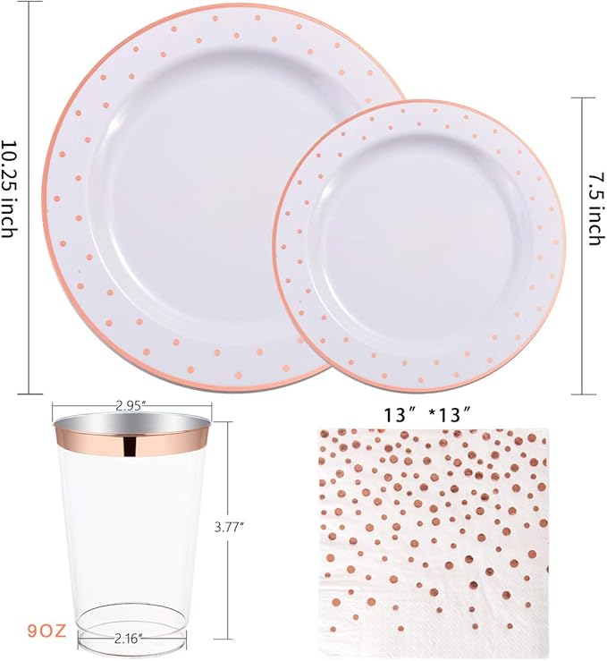 WELLIFE 350 PCS Rose Gold Plastic Plates, Disposable Rose Gold Plates, Includes: 50 Dinner Plate, 50 Dessert Plate, 50 Forks, 50 Knives, 50 Spoons, 50 Cups, 50 Dot Napkins for Weddings and Party