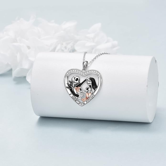 LILALO Christmas Gifts Nightmare Necklace Sterling Silver Abalone Shell Crystal Jack and Sally Necklace Jack Skellington Skull Jewelry Skull Necklaces for Women