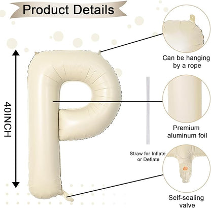 40 Inch Letter Balloons P, Big Custom A-Z Alphabet Foil Name Balloon Cream White, Self Inflating Beige Customize Helium Balloon Letters P for Women Girls Birthday Bride Baby Shower Party Decorations